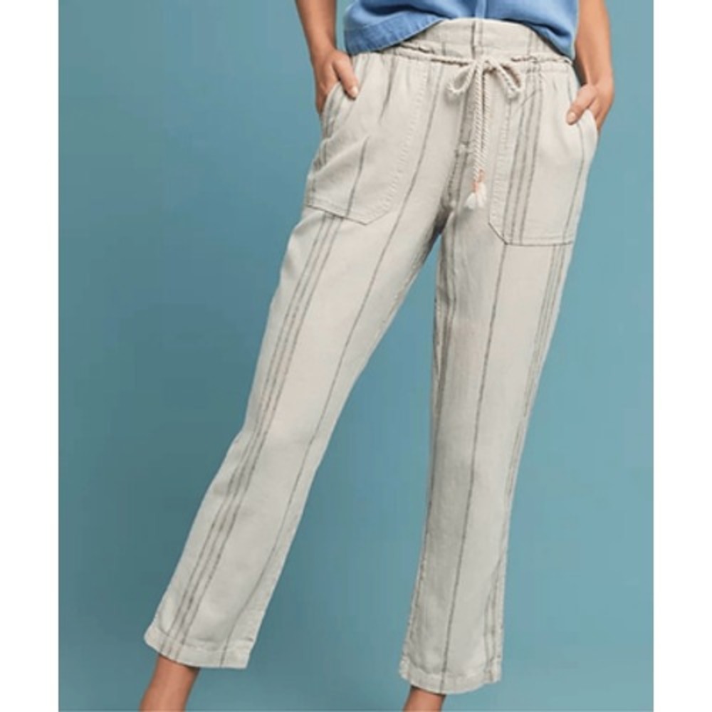 Anthropologie Pants Womens Medium Beige Linen Striped Seashore Tassel Drawstring